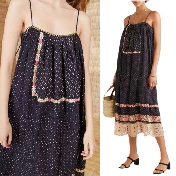 ULLA JOHNSON Nara Folk Embroidered Shibori Patchwork Midi Shift Dress - Picture 1 of 12